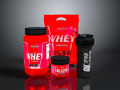 Red Whey Protein Powder Supplements With Shaker Bottle And Healthy Nutrition 3d model