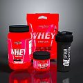 Red Whey Protein Powder Supplements With Shaker Bottle And Healthy Nutrition