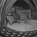 Modern Outdoor Sofa With White Canopy Black Perforated Design And White Cushions