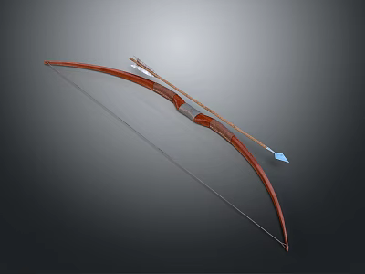 Traditional Brown Curved Wooden Bow With Blue Arrowhead And White Shaft Weapon 3d model