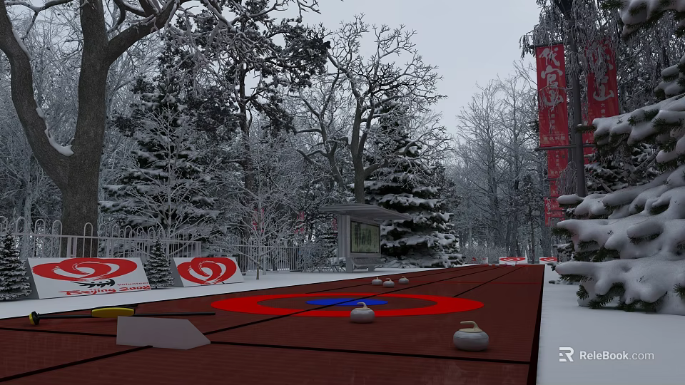 Scenic Winter Garden Landscape With Snow-Covered Evergreen Trees Red Pathway And Circular Areas 3d model 
