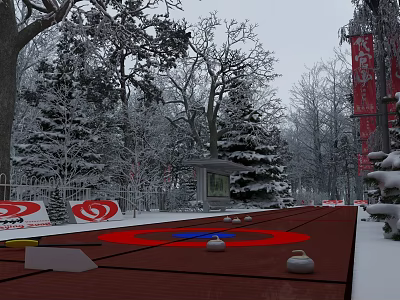 Scenic Winter Garden Landscape With Snow-Covered Evergreen Trees Red Pathway And Circular Areas 3d model