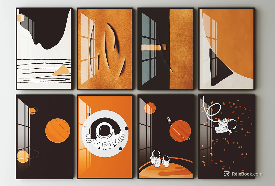 Modern Decorative Wall Art With Geometric Shapes Orange Black And Space Elements 3d model
