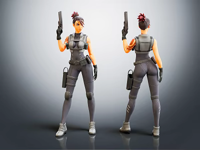 Character Creature Model Front Back Views With Gray Combat Suit Holding Guns Red Ponytail 3d model