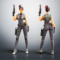 Character Creature Model Front Back Views With Gray Combat Suit Holding Guns Red Ponytail 3d model