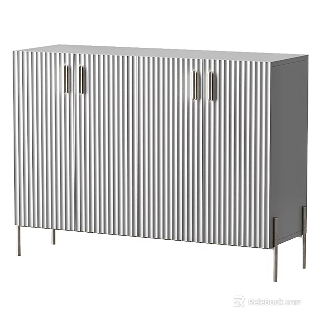 Modern Console Side Cabinet With Double Doors Vertical Stripe Design And Metal Legs 3d model 