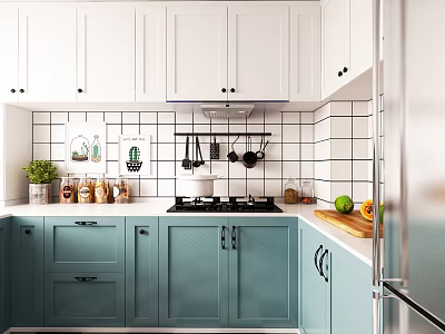Modern White and Teal Kitchen Cabinets with Tiled Walls and Cooking Utensils 3d model