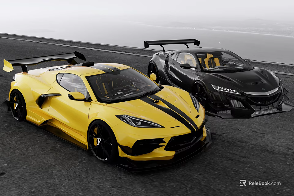 Yellow And Black High Performance Sports Cars On Road With Aerodynamic Design And Rear Spoilers 3d model 
