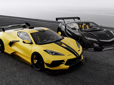 Yellow And Black High Performance Sports Cars On Road With Aerodynamic Design And Rear Spoilers 3d model