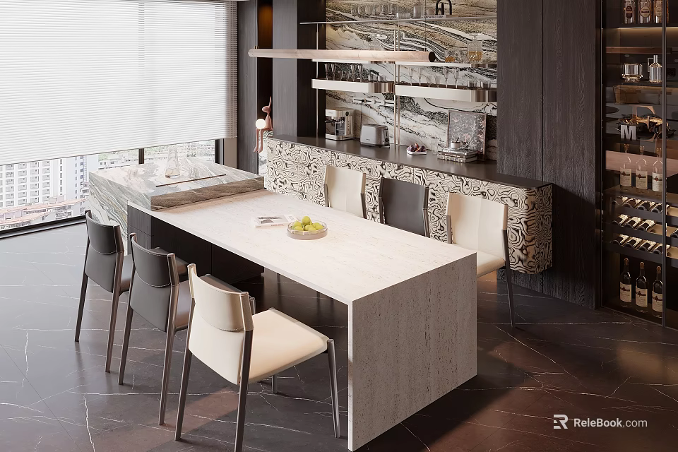 Modern Restaurant Interior With Marble Dining Table Chairs And Decorative Wall 3d model 