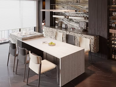 Modern Restaurant Interior With Marble Dining Table Chairs And Decorative Wall 3d model