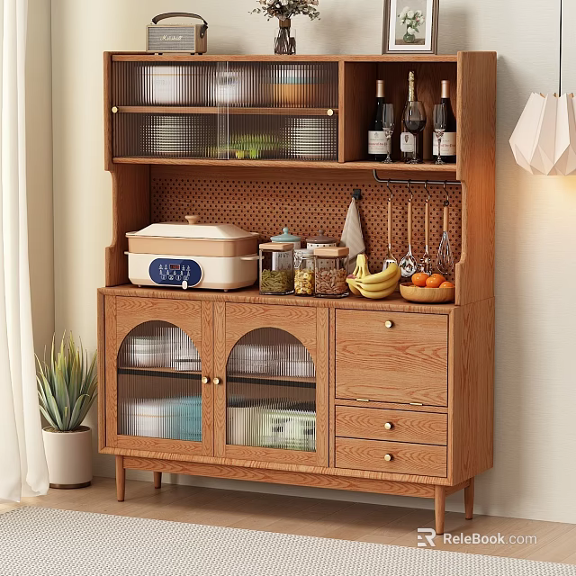 Wooden Sideboard With Glass Doors Drawers And Topped With Glass Jars Bananas Oranges Wine Bottles 3d model 