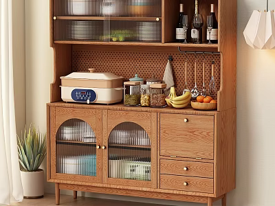 Wooden Sideboard With Glass Doors Drawers And Topped With Glass Jars Bananas Oranges Wine Bottles 3d model