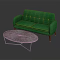 Green Tufted Sofa With Wooden Legs And Oval Marble Coffee Table With Metal Frame