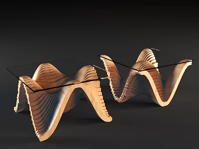 Two Modern Coffee Tables With Glass Top And Wavy Wooden Base Design 3d model