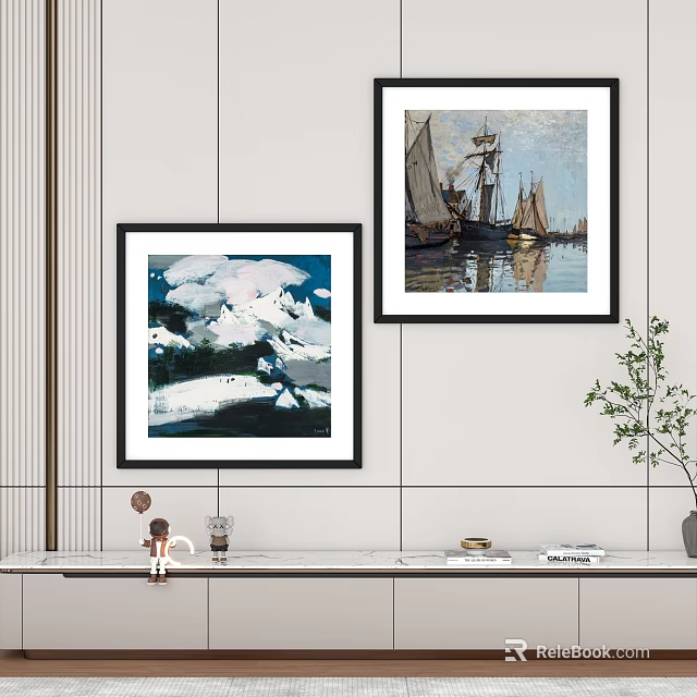 Interior Wall Decor with Two Framed Paintings Shelf Ornaments and Potted Plant 3d model 