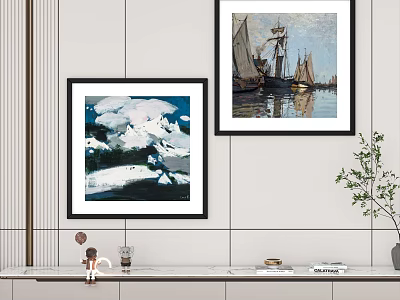 Interior Wall Decor with Two Framed Paintings Shelf Ornaments and Potted Plant 3d model