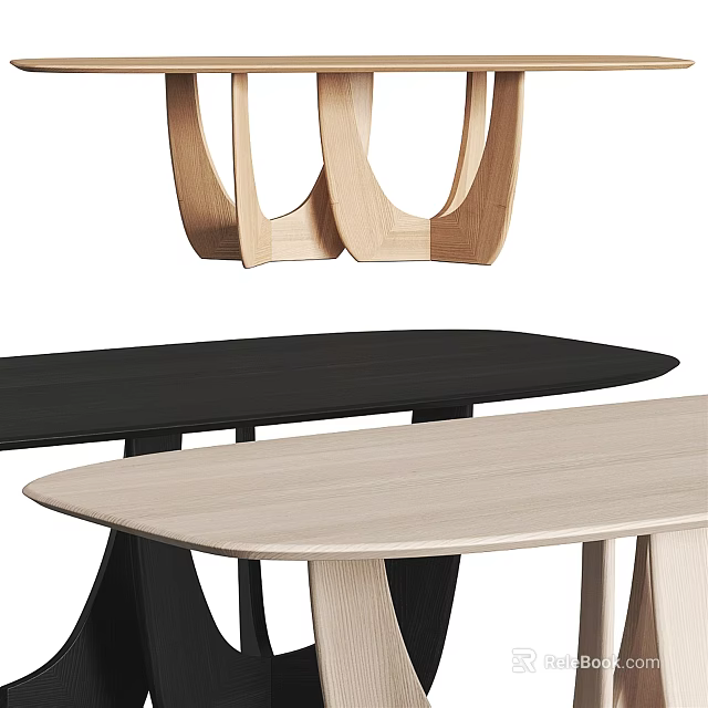 Modern Minimalist Dining Tables With Black Top And Light Wood Curved Legs Design 3d model 
