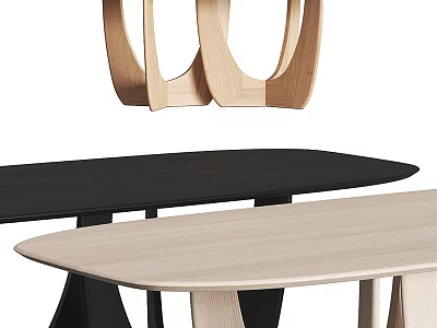 Modern Minimalist Dining Tables With Black Top And Light Wood Curved Legs Design 3d model