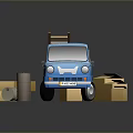 Small Blue Cargo Van With Boxes In Cargo Area Scattered Cardboard Boxes And Barrels Nearby