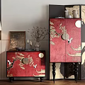 Chinese Traditional Red Entryway Cabinet and Side Cabinet with Crane Moon and Golden Pavilion Design