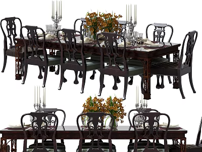 Classic Dining Set Featuring Wooden Table Chairs Floral Centerpiece And Candle Holders 3d model