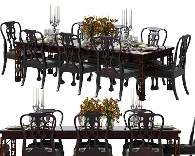 Classic Dining Set Featuring Wooden Table Chairs Floral Centerpiece And Candle Holders 3d model