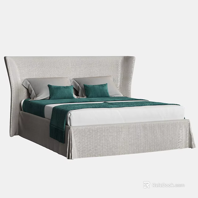 Light Colored Upholstered Double Bed With Curved Headboard Green Throw Pillows And White Sheets 3d model 