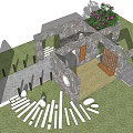 Stone Feature Wall With Wooden Doors Decorative Openings And Green Lawn