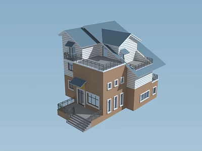 Two Story Detached Villa With Sloped Roof Balcony And Large Windows 3d model
