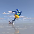 Blue Inflatable Figure Running on Reflective Ground With Yellow Shorts and Mask Against Cloudy Sky