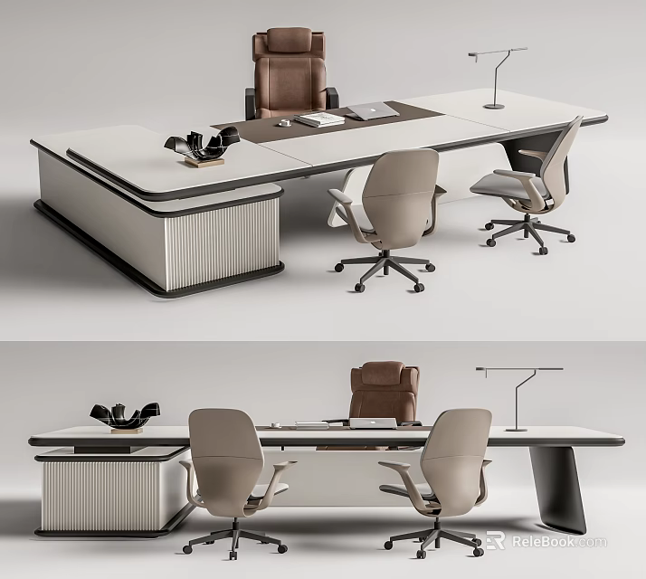 Modern Office Desk With Sleek Design Beige Chairs Adjustable Lamp And Documents 3d model