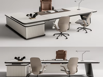 Modern Office Desk With Sleek Design Beige Chairs Adjustable Lamp And Documents 3d model