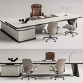 Modern Office Desk With Sleek Design Beige Chairs Adjustable Lamp And Documents 3d model