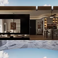 Modern Living Dining Room Interior With Open Concept TV Wall Round Rug And Sofa