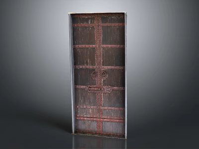 Dark Colored Vintage Wooden Door With Red Line Decorations Metal Knockers And Latches 3d model