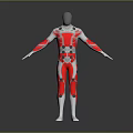 Humanoid Character In Red And White Suit With Green Accents And Biomechanical Design