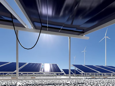 Solar Support Structures With Panels And Wind Turbines In Bright Sunlight 3d model