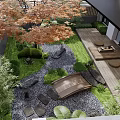Courtyard Garden With Wooden Floor Round Cushions Stone Coffee Table Maple Tree And Green Plants