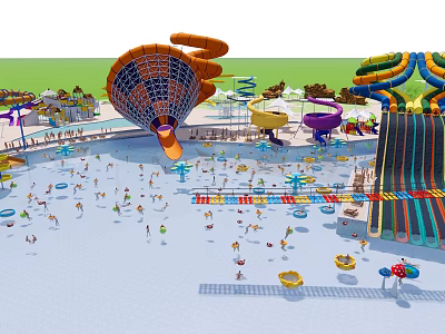 Fun Water Park With Colorful Slides And People Enjoying Swimming Activities 3d model