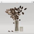 Transparent Glass Vase With Brown Dried Flowers And White Candle Decoration