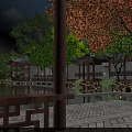 Traditional Landscape Bridge In Garden With Water Trees Pavilion And Brick Pavement
