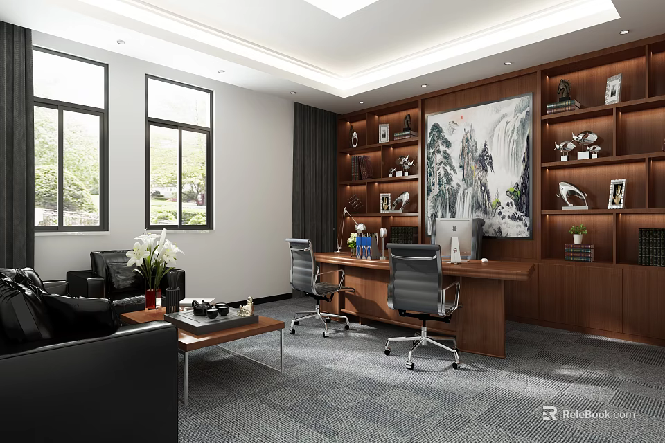 Modern Office Interior with Large Windows Black Sofas Wooden Desk Bookshelves And Decorative Painting 3d model 