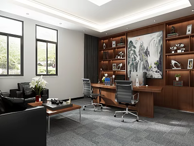 Modern Office Interior with Large Windows Black Sofas Wooden Desk Bookshelves And Decorative Painting 3d model