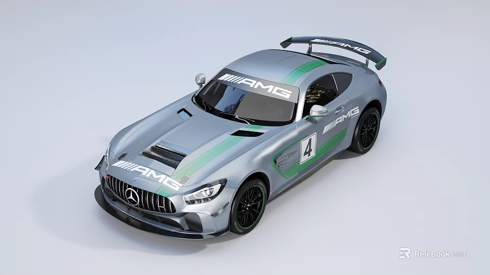 Mercedes AMG GT Racing Car Silver Body with Green Stripes AMG Logo and Rear Spoiler 3d model 