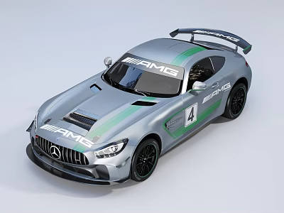 Mercedes AMG GT Racing Car Silver Body with Green Stripes AMG Logo and Rear Spoiler 3d model