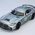 Mercedes AMG GT Racing Car Silver Body with Green Stripes AMG Logo and Rear Spoiler