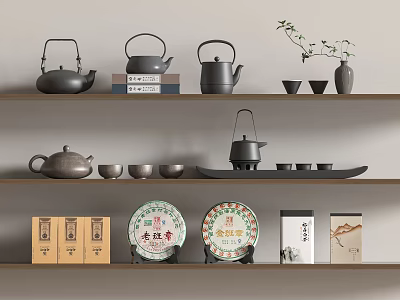 Traditional Tea Sets With Teapots Teacups Decorative Plates And Tea Boxes On Wooden Shelves 3d model