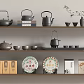 Traditional Tea Sets With Teapots Teacups Decorative Plates And Tea Boxes On Wooden Shelves