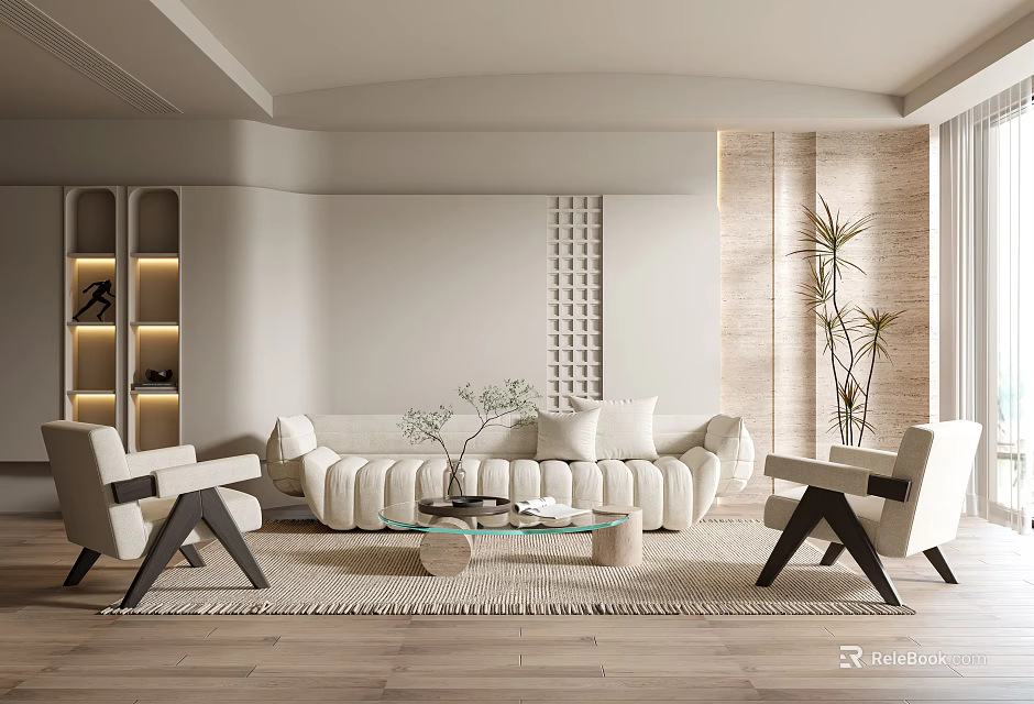 Modern Minimalist Living Room With White Sofa Glass Coffee Table And Accent Chairs 3d model 